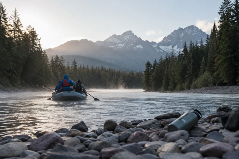 A raft launching into a river from a gravel bank in morning light