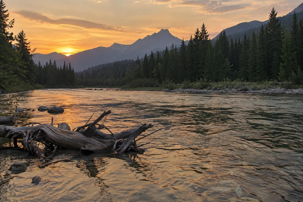 A calm river flowing past forested banks with a mountain ridgeline at sunset