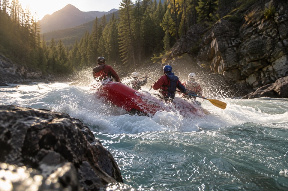 Raft crashing through whitewater on the Middle Fork Flathead River