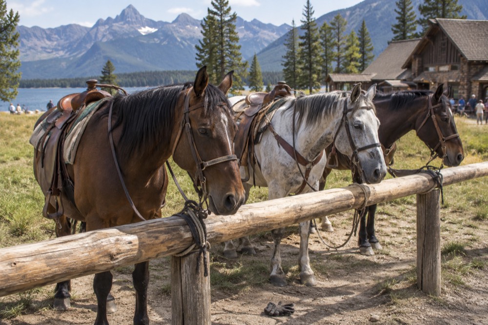 Horses tied at a hitching post near a mountain meadow