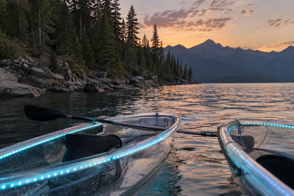 Clear kayaks floating on calm lake water near a forested shoreline