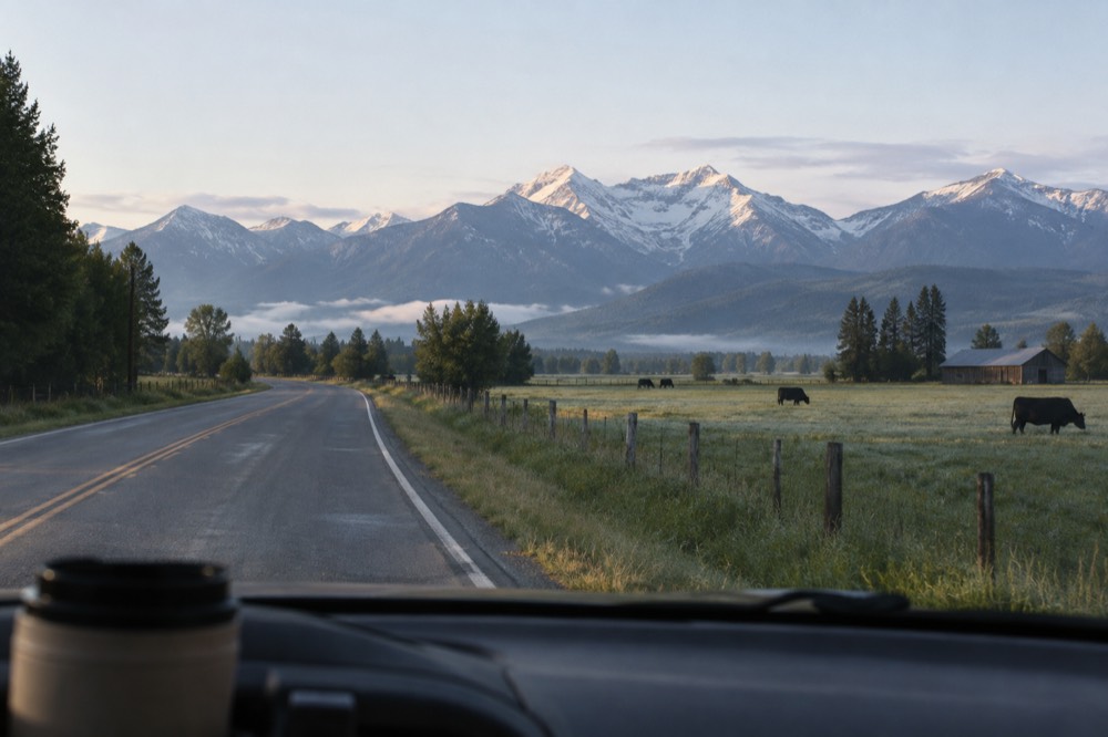 A winding mountain road leading toward distant snowcapped peaks