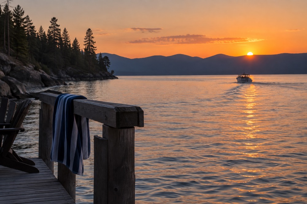 A calm lake at sunset with hills silhouetted along the far shore