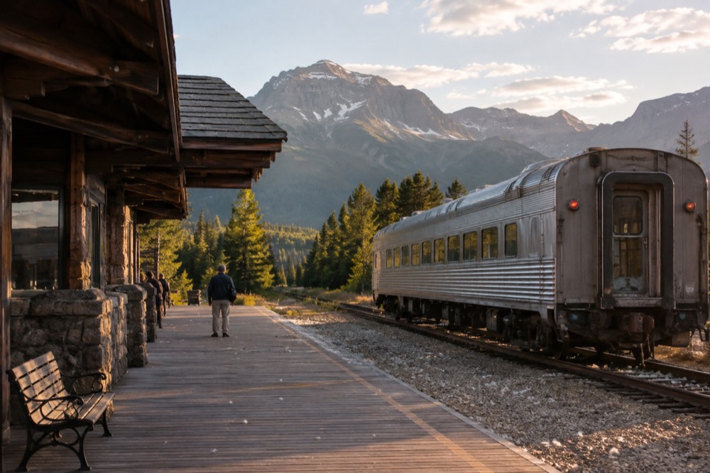 A single passenger rail car at a small mountain depot with forested peaks behind it