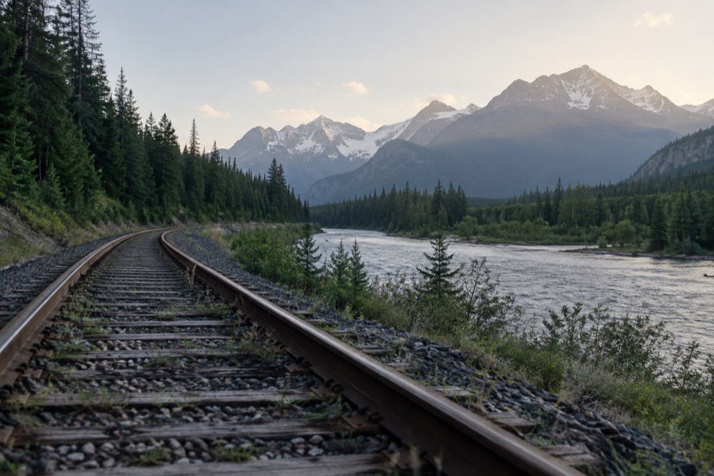 Railroad tracks curving along a river valley toward snowcapped mountains