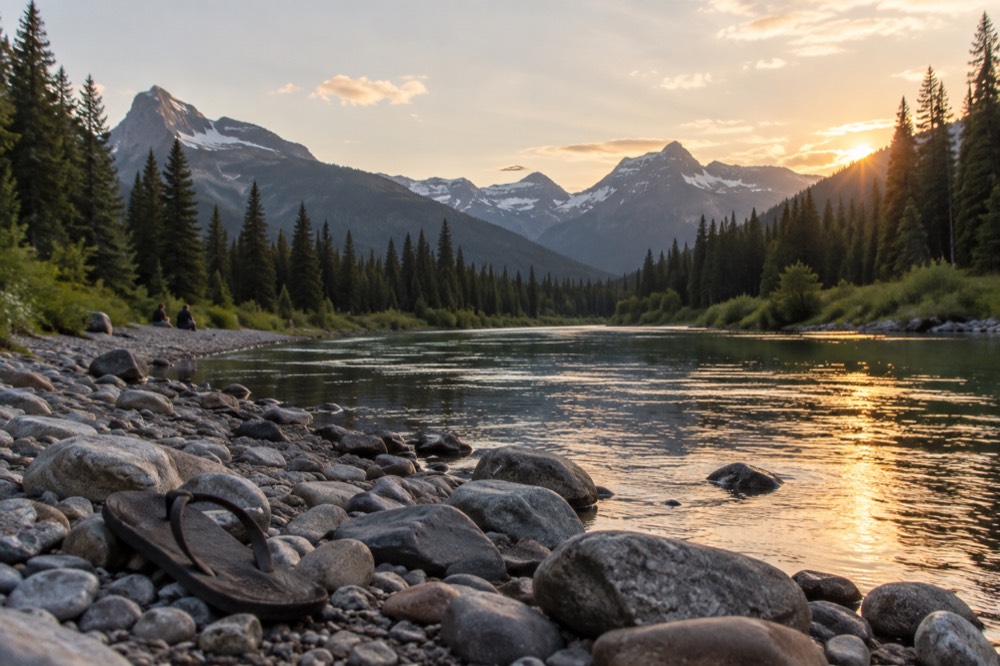 A calm river winding through a forested valley with distant snowy peaks