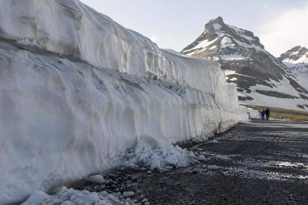 Deep snow walls lining a high mountain road in early summer