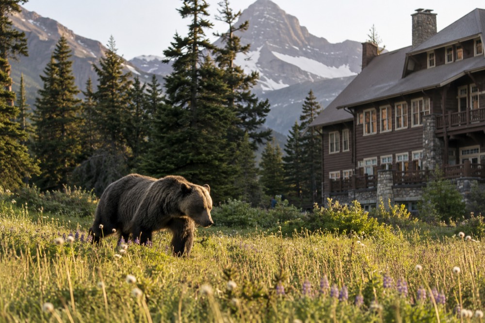 A grizzly bear walking through a wildflower meadow near a forest edge