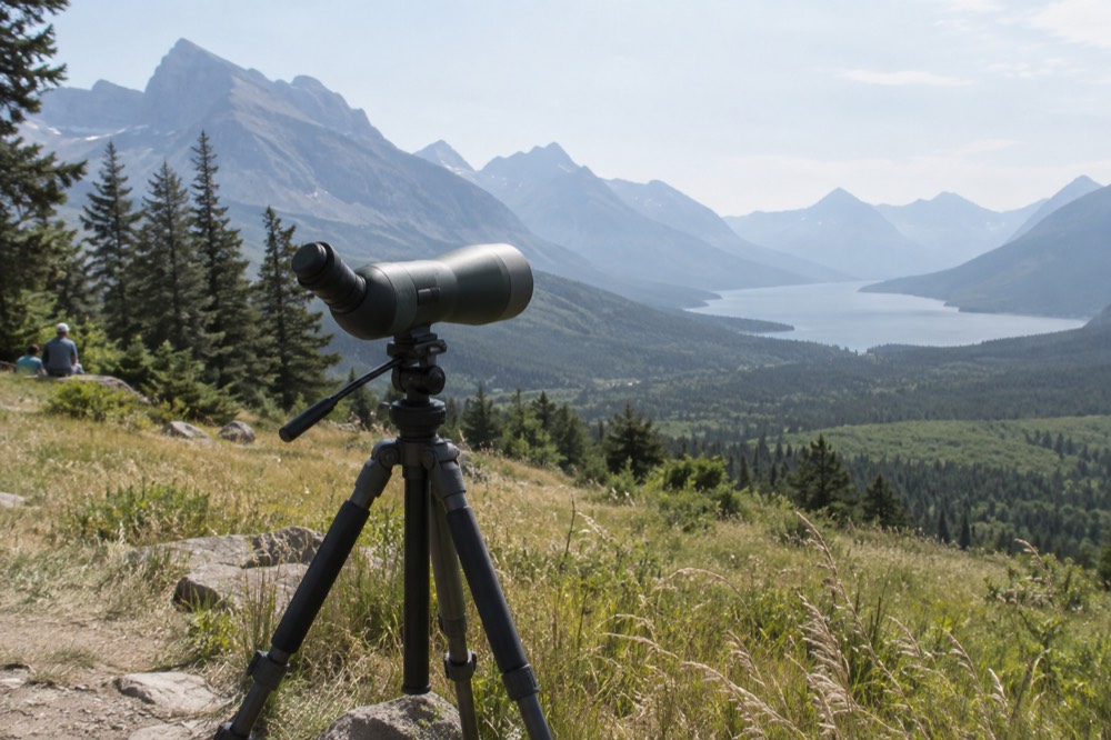 A spotting scope set up on a tripod overlooking a wide valley