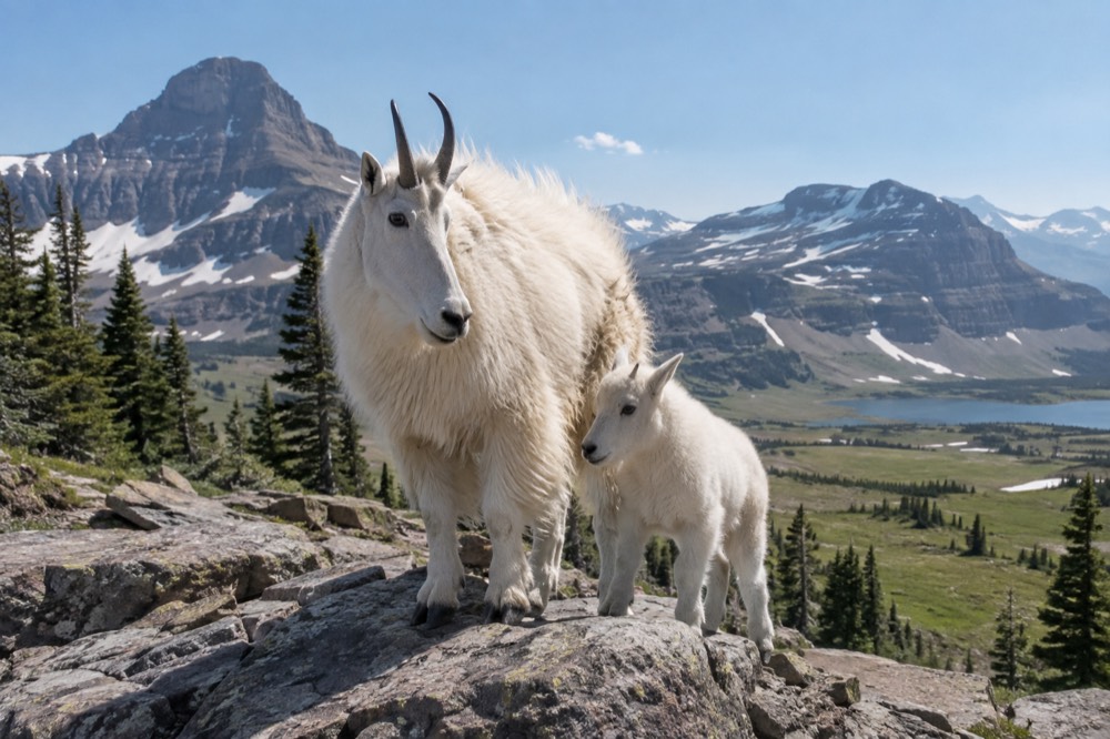 A mountain goat with a kid standing on a rocky outcrop above treeline