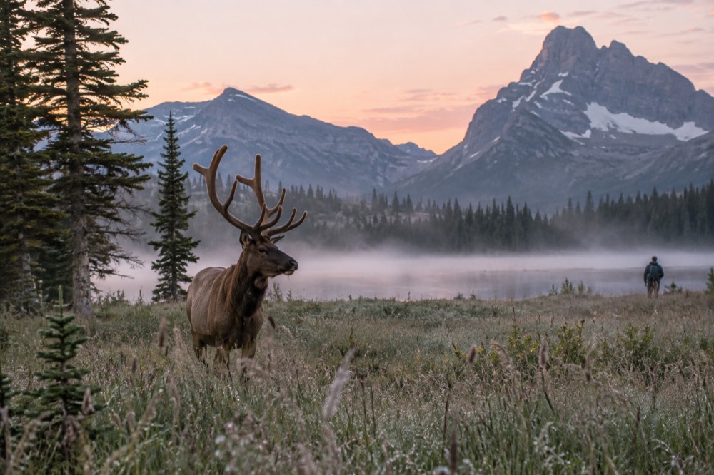 An elk bull standing in a misty meadow at first light