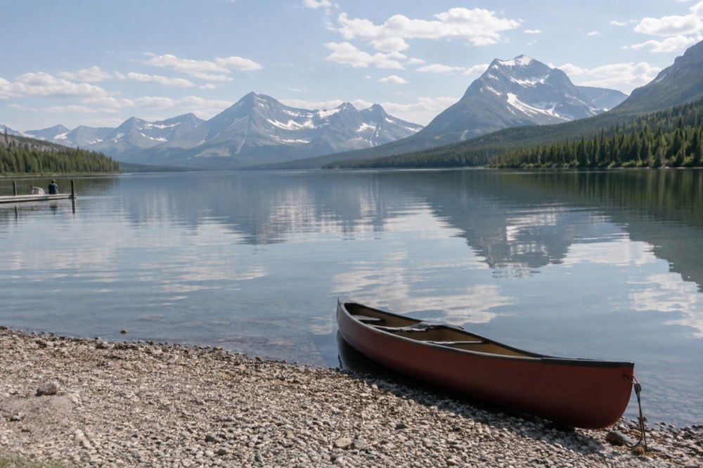 A calm mountain lake reflecting tall peaks with a forested shoreline