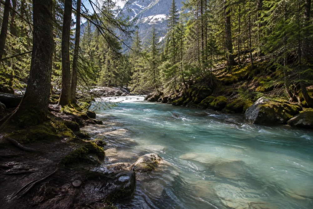 A winding road along a turquoise river between forested mountains