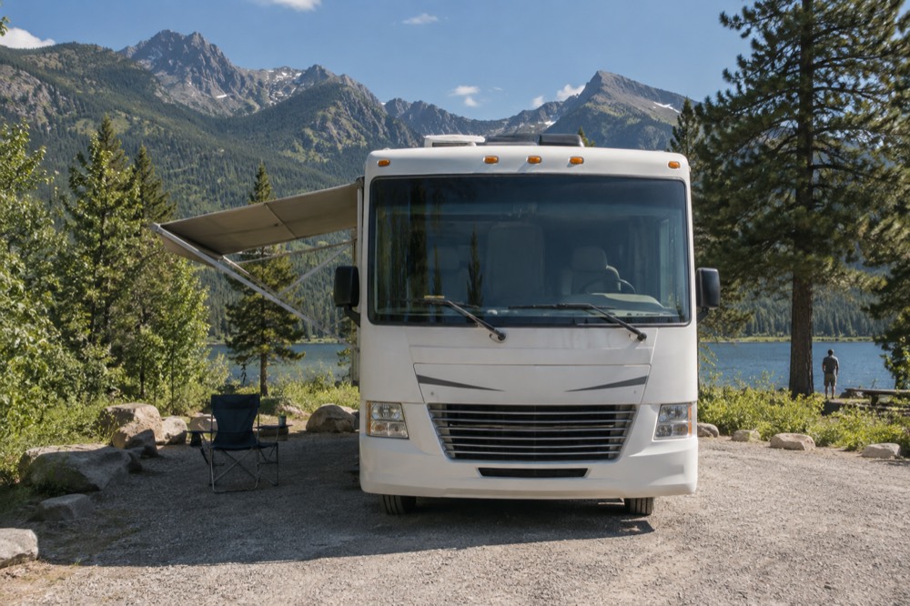 A large motorhome parked at a scenic turnout below mountains