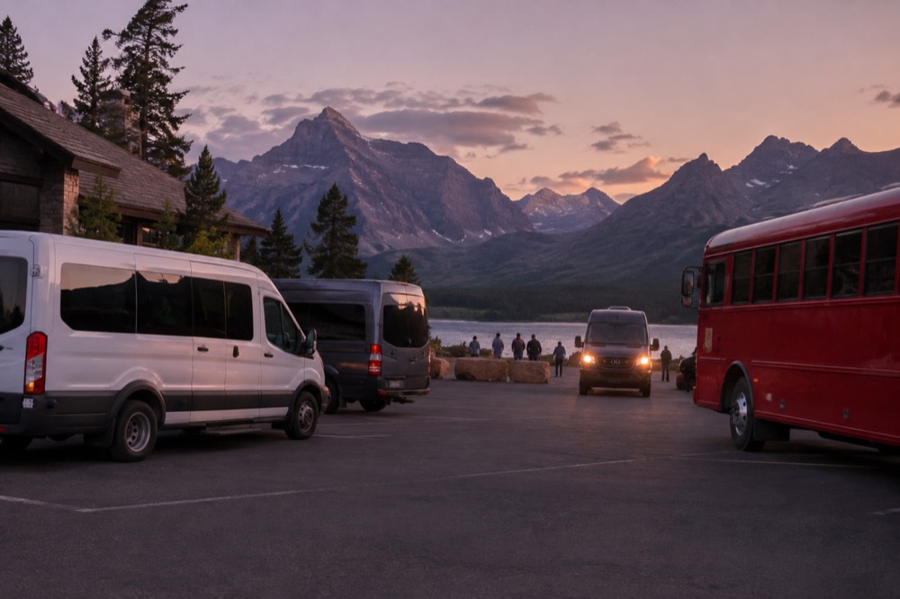 A parking area with tour vehicles and mountains at dusk