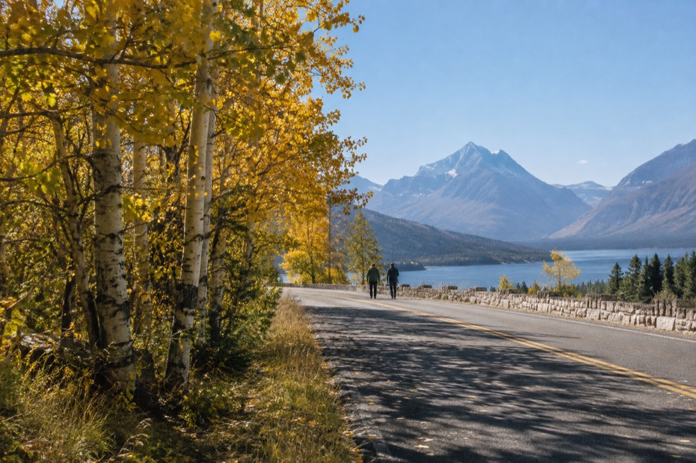 Golden aspen trees along a mountain road under a clear sky