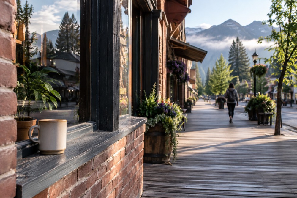 Downtown Whitefish street with shops and mountains in the distance.