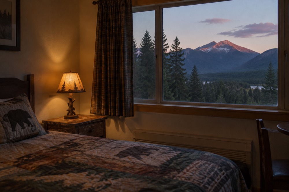 Cozy motel room with a view of pine trees outside the window.