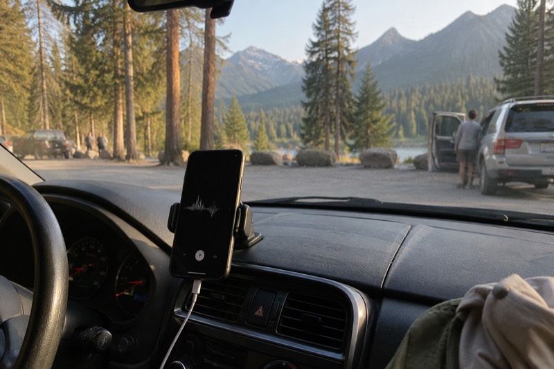 A car parked at a scenic overlook in Glacier National Park while a visitor listens to a self-guided audio driving tour narration on a phone.